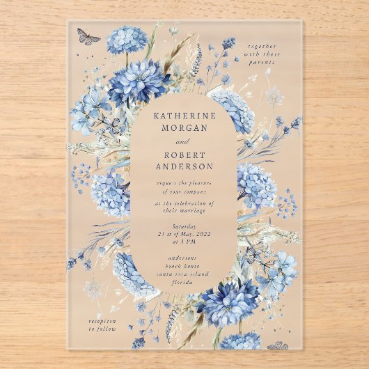 Dusty Blue Wildflower Wedding Invitation Acryl Uitnodigingen (Voorkant)