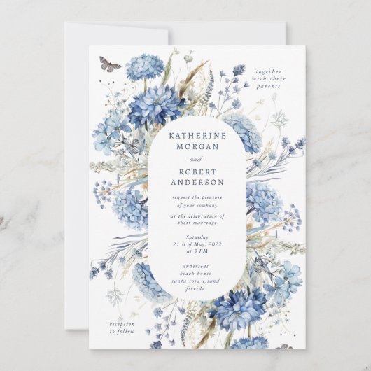 Dusty Blue Wildflower Wedding Invitation Kaart (Voorkant)