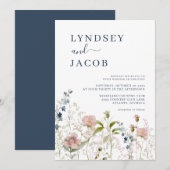 Dusty Blue Wildflower Wedding Invitation Kaart (Voorkant / Achterkant)