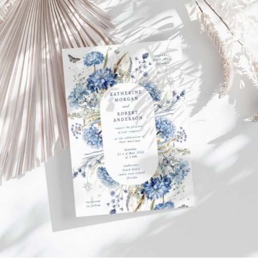 Dusty Blue Wildflower Wedding Invitation Kaart