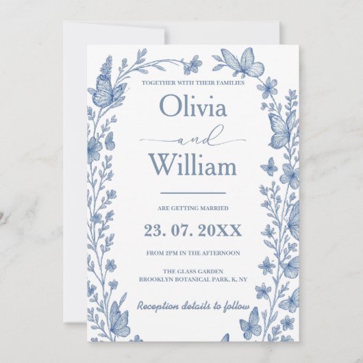 Dusty Blue Wildflower Wedding Kaart (Voorkant)