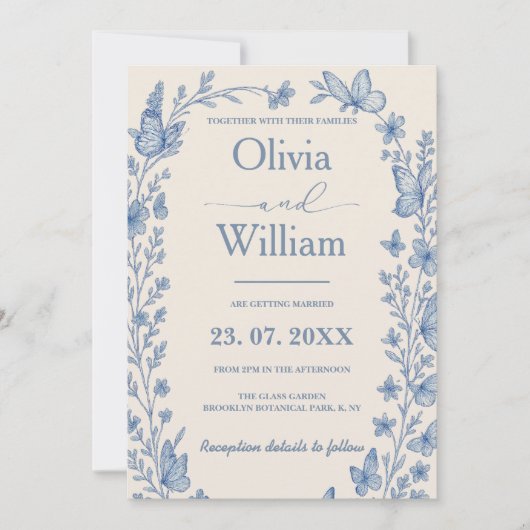 Dusty Blue Wildflower Wedding Kaart (Voorkant)