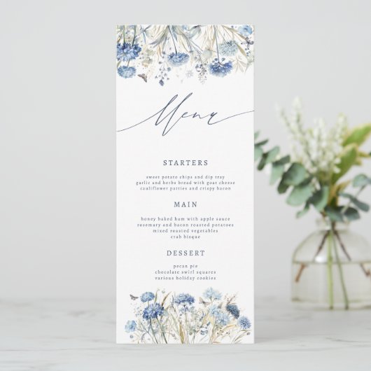 Dusty Blue Wildflower Wedding Menu Kaart (Staand voorkant)