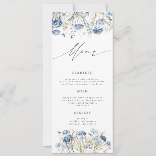 Dusty Blue Wildflower Wedding Menu Kaart (Voorkant)