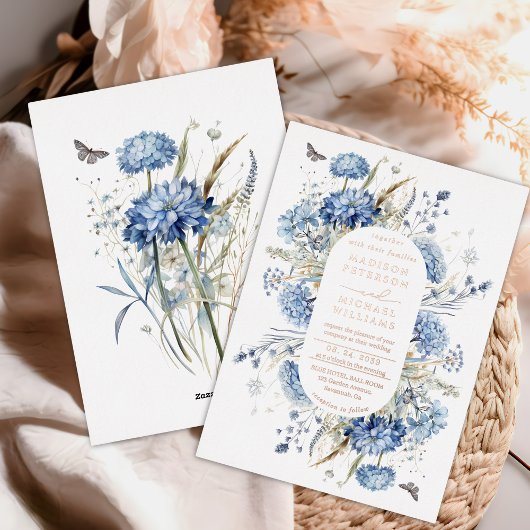 Dusty Blue Wildflower Wedding Roos Gold Folie Uitnodiging