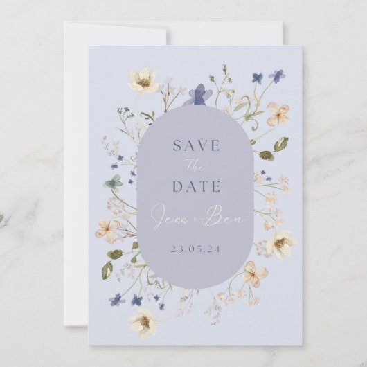 Dusty Blue Wildflower Wedding Save the Date Kaarte (Voorkant)
