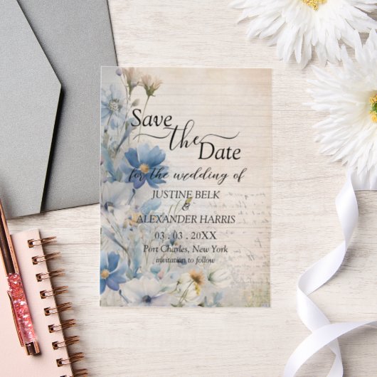 Dusty Blue Wildflower Wedding Save the Date Vellum Uitnodigingen (Huwelijk)