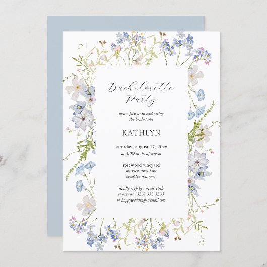 Dusty Blue Wildflower Whimsical Bachelorette Party Kaart