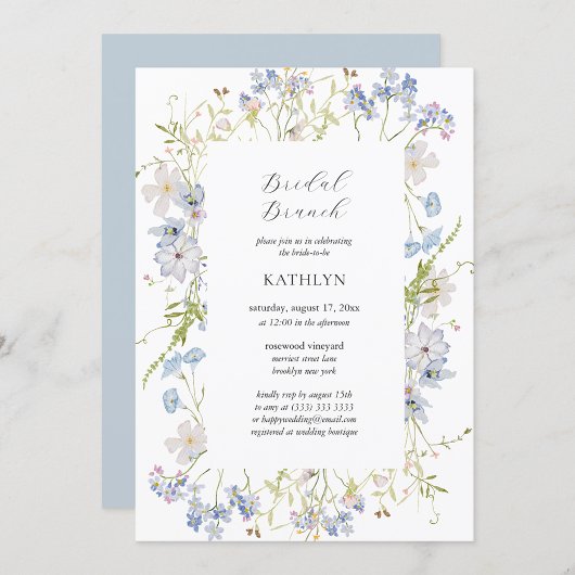 Dusty Blue Wildflower Whimsical Bridal Brunch Kaart