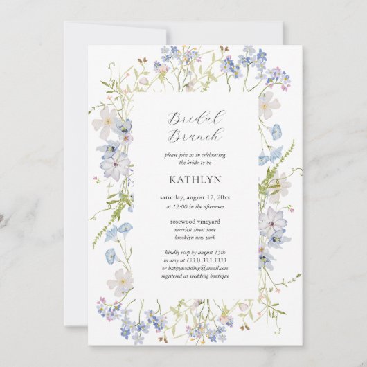 Dusty Blue Wildflower Whimsical Bridal Brunch Kaart (Voorkant)