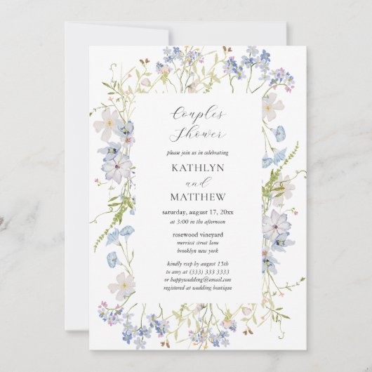 Dusty Blue Wildflower Whimsical Couples Douche Kaart (Voorkant)