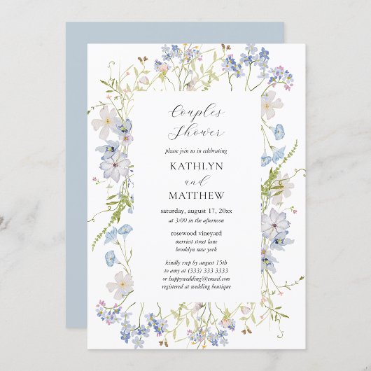 Dusty Blue Wildflower Whimsical Couples Douche Kaart