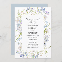 Dusty Blue Wildflower Whimsical Engagement Party Kaart