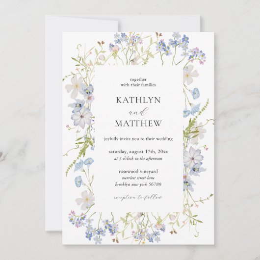 Dusty Blue Wildflower Whimsical Moderne bruiloft Kaart (Voorkant)