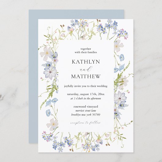 Dusty Blue Wildflower Whimsical Moderne bruiloft Kaart