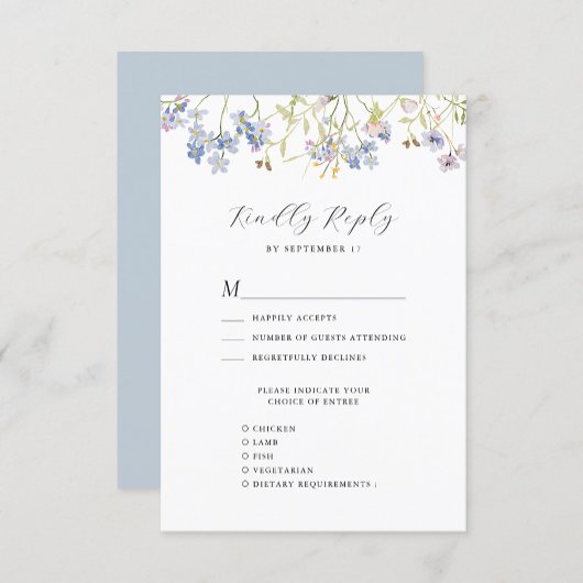 Dusty Blue Wildflower Whimsical Moderne bruiloft RSVP Kaartje