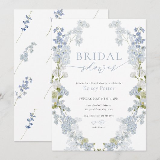 Dusty Blue Wildflower Wreath Vrijgezellenfeest Inv Kaart (Voorkant / Achterkant)