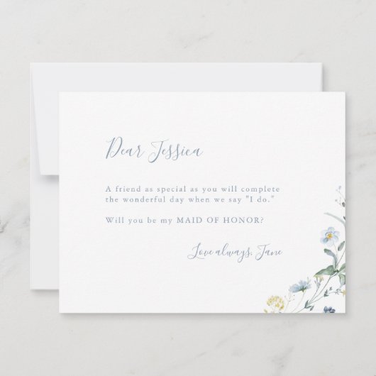 Dusty Blue Wildflower zal je mijn bruidsmeisje zij Kaart (Achterkant)