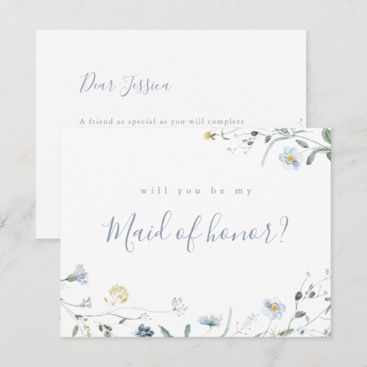 Dusty Blue Wildflower zal je mijn bruidsmeisje zij Kaart (Voorkant / Achterkant)