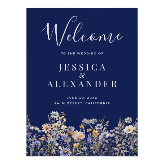 Dusty Blue Wildflowers 24x36 Navy Wedding Welkom Perfect Poster (Voorkant)