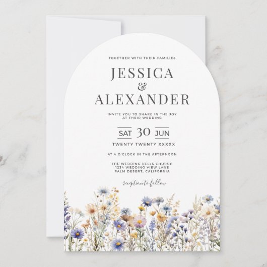 Dusty Blue Wildflowers Alles in één QR-code bruilo Kaart (Voorkant)