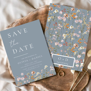 Dusty Blue Wildflowers Boho Bewaar de datum Save The Date