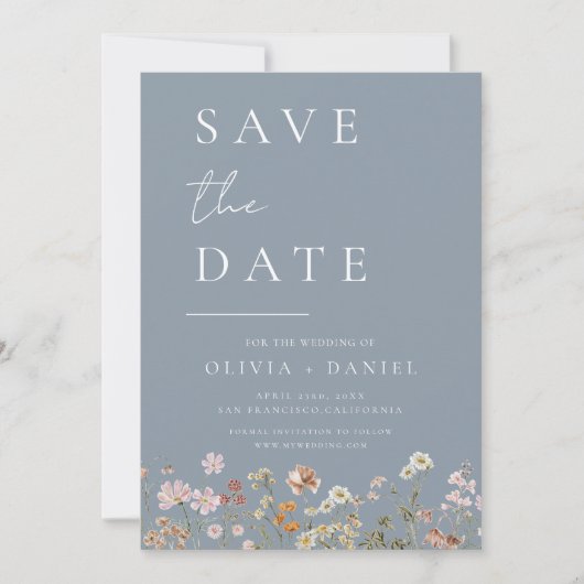 Dusty Blue Wildflowers Boho Bewaar de datum Save The Date (Voorkant)