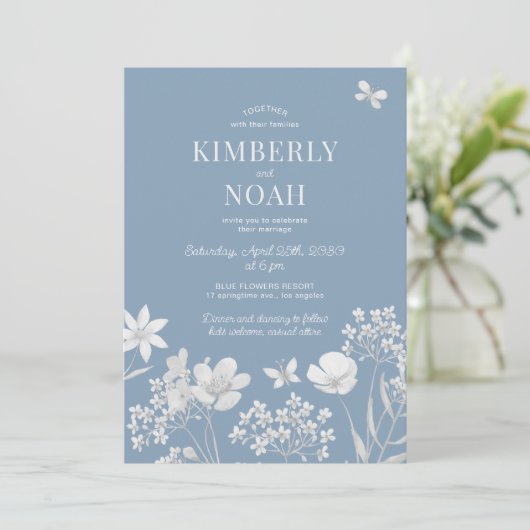 Dusty blue wildflowers boho wedding kaart (Staand voorkant)