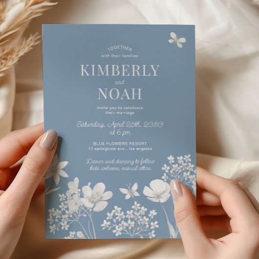 Dusty blue wildflowers boho wedding kaart