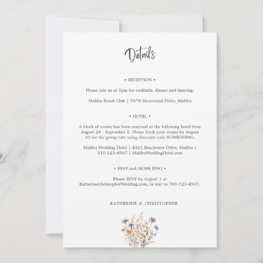 Dusty Blue Wildflowers Budget All-in-One Wedding Kaart (Achterkant)