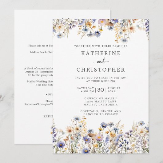 Dusty Blue Wildflowers Budget All-in-One Wedding Kaart (Voorkant / Achterkant)