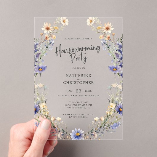 Dusty Blue Wildflowers Custom Housewarming Party Acryl Uitnodigingen (Insitu (Draagbaar))