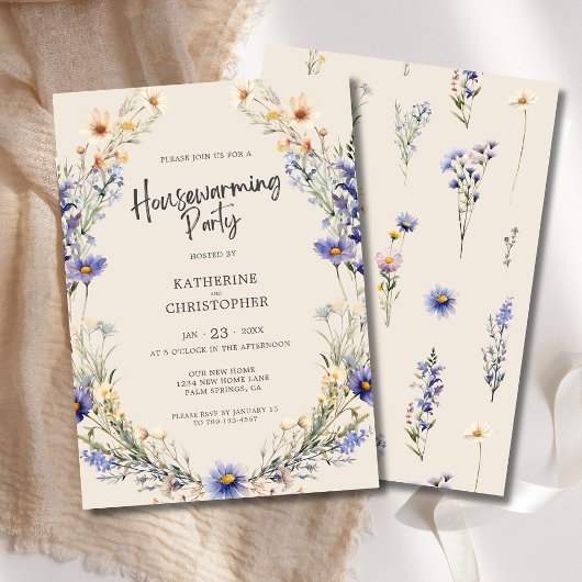 Dusty Blue Wildflowers Custom Housewarming Party Kaart