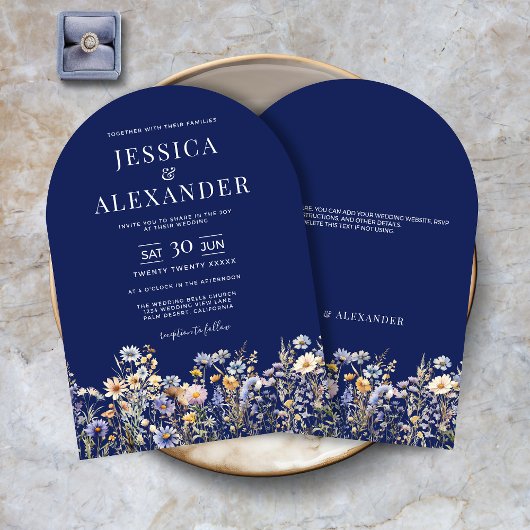 Dusty Blue Wildflowers Elegant Arch Navy Wedding Kaart
