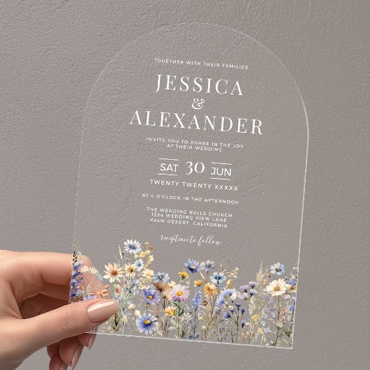 Dusty Blue Wildflowers Elegant Arch Wedding Acryl Uitnodigingen