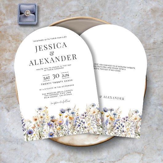 Dusty Blue Wildflowers Elegant Arch Wedding Kaart