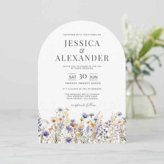 Dusty Blue Wildflowers Elegant Arch Wedding Kaart (Staand voorkant)