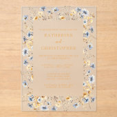 Dusty Blue Wildflowers Elegant Gold Wedding Acryl Uitnodigingen (Voorkant)