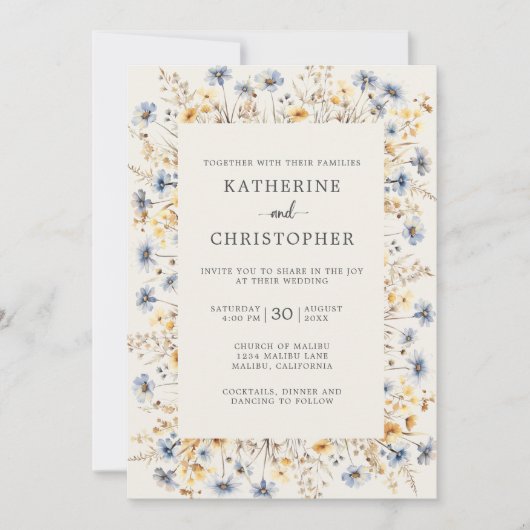 Dusty Blue Wildflowers Elegant Ivoor Wedding Kaart (Voorkant)