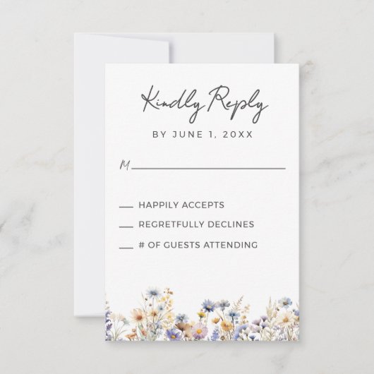 Dusty Blue Wildflowers Elegant QR Code Wedding RSVP Kaartje (Voorkant)