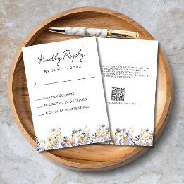 Dusty Blue Wildflowers Elegant QR Code Wedding RSVP Kaartje