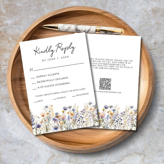 Dusty Blue Wildflowers Elegant Script Wedding RSVP Kaartje