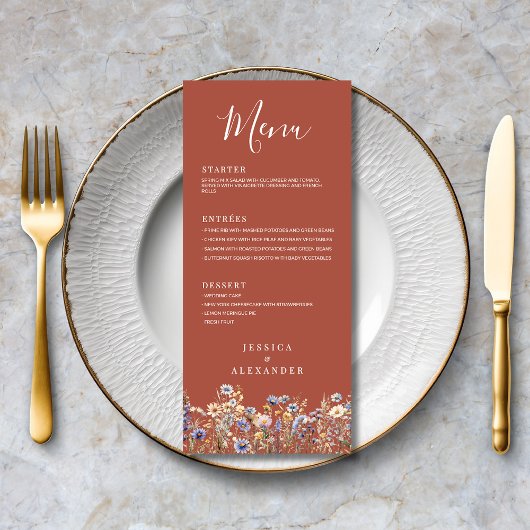 Dusty Blue Wildflowers Elegant Terracotta Wedding Menu