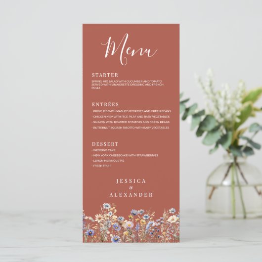 Dusty Blue Wildflowers Elegant Terracotta Wedding Menu (Staand voorkant)