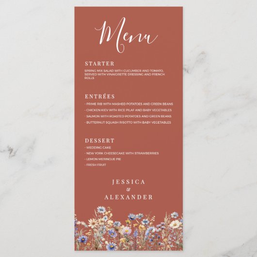 Dusty Blue Wildflowers Elegant Terracotta Wedding Menu (Voorkant)