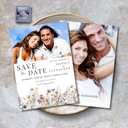 Dusty Blue Wildflowers Elegant Twee foto bruiloft Save The Date