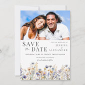 Dusty Blue Wildflowers Elegant Twee foto bruiloft Save The Date (Voorkant)