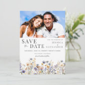 Dusty Blue Wildflowers Elegant Twee foto bruiloft Save The Date (Staand voorkant)