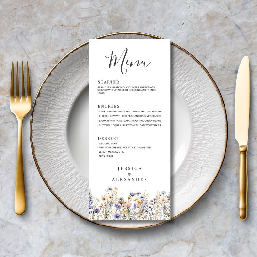 Dusty Blue Wildflowers Formal Elegant Wedding Menu