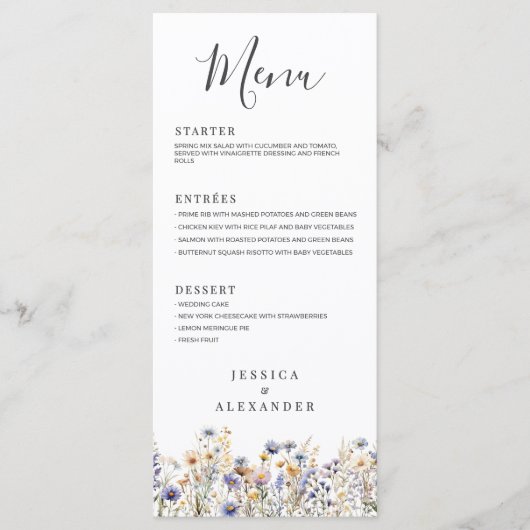 Dusty Blue Wildflowers Formal Elegant Wedding Menu (Voorkant)